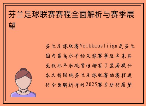 芬兰足球联赛赛程全面解析与赛季展望