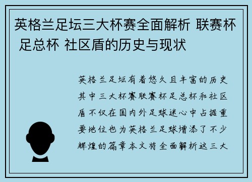 英格兰足坛三大杯赛全面解析 联赛杯 足总杯 社区盾的历史与现状