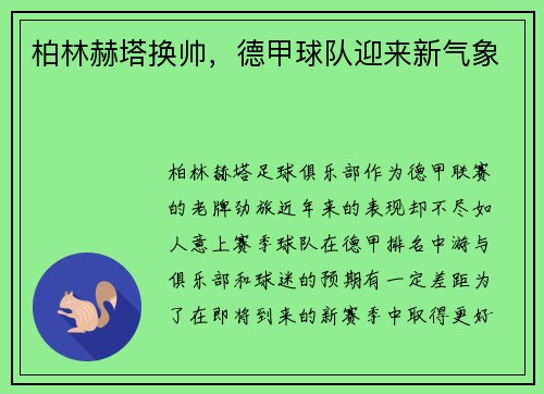 柏林赫塔换帅，德甲球队迎来新气象