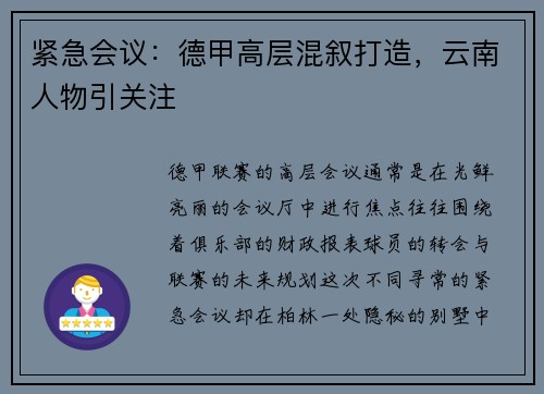 紧急会议：德甲高层混叙打造，云南人物引关注