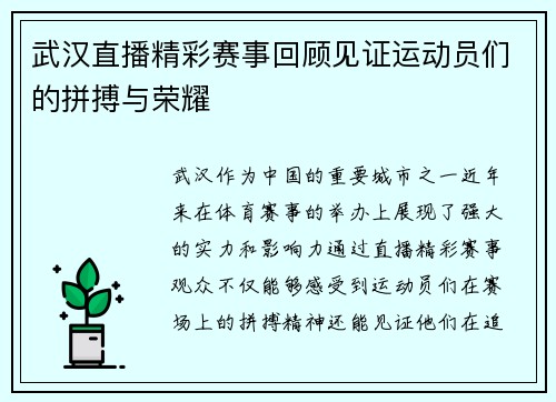 武汉直播精彩赛事回顾见证运动员们的拼搏与荣耀