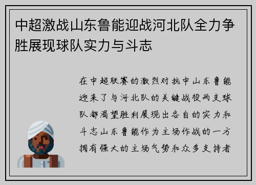 中超激战山东鲁能迎战河北队全力争胜展现球队实力与斗志