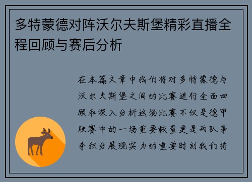 多特蒙德对阵沃尔夫斯堡精彩直播全程回顾与赛后分析